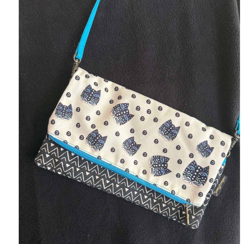 Laurel Burch Polka Dot Gatos Flap Clutch Whimsical Cat Geometric Turquoise Artsy